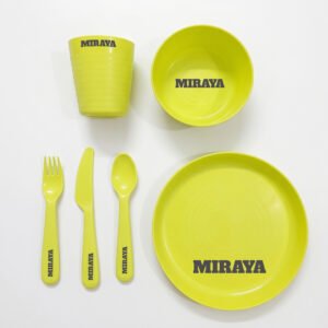 Personalized kids dinner set pack of 6 with name engraved Laser engraved name on food grade plastic kids plate Kids plastic dinner set with plate, bowls, glass, spoon and fork Customized birthday return gift dinner set for kids Child using personalized name dinner set